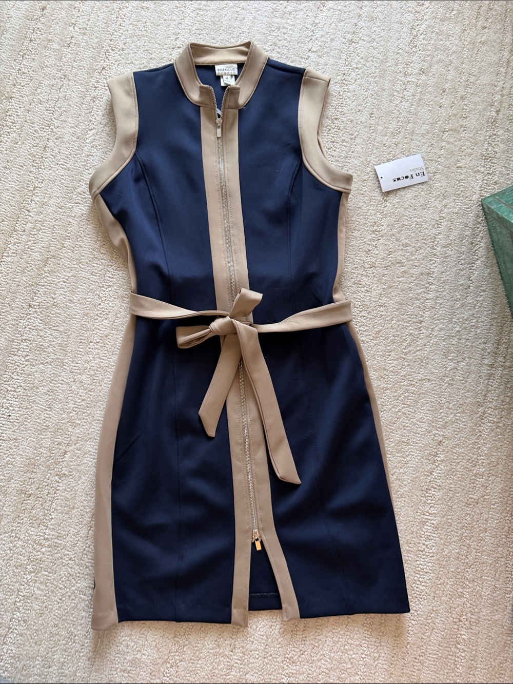 Enfocus Studio Navy and Tan Zip-Front Belted Midi Dress